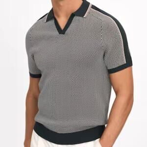 Reiss Hunting Green Polo Shirt  Geometric Design Knitted Open Collar Men's XL